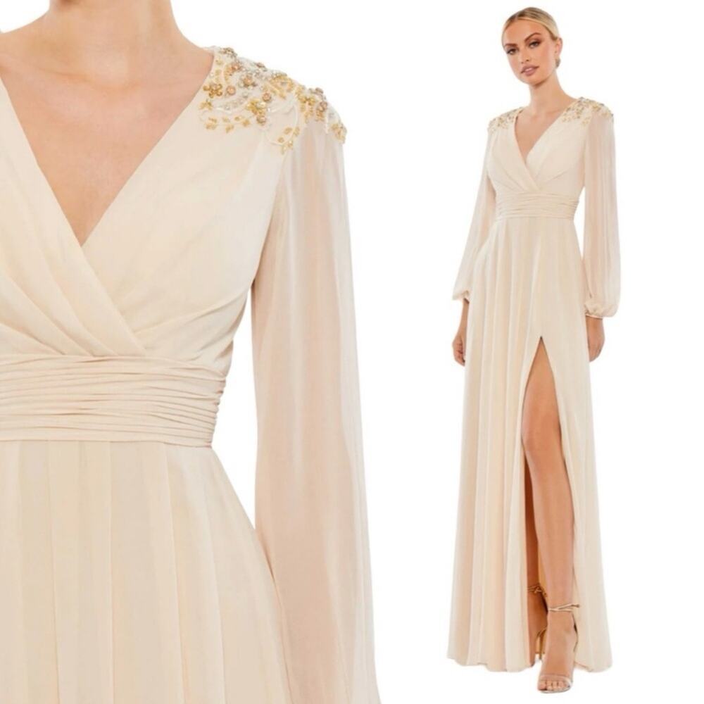 Mac Duggal Ieena Embellished Shoulder Long Sleeve Chiffon Gown